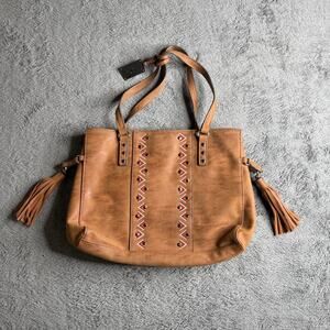 Nicole Miller New York Vegan Leather Western Shoulder Tote Bag Snap Close Tassle